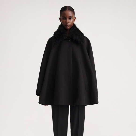 TOTEME Shearling Collar Gabardine Jacket in Black Size 36 / US 4 - Picture 2 of 9